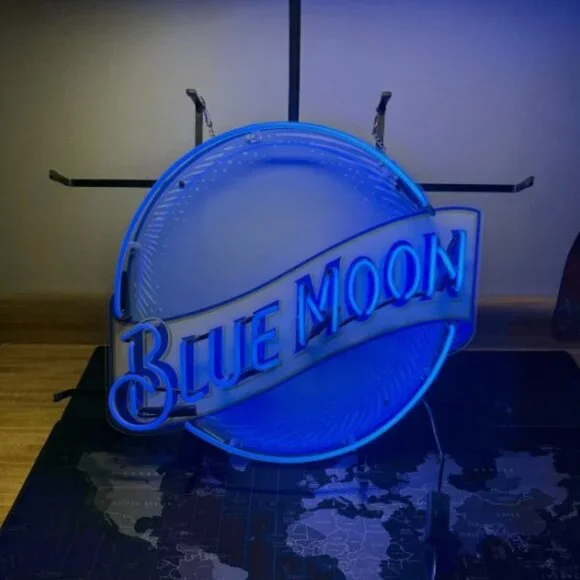19.5 x 24 Blue Moon Beer Neon Light Lamp Sign Real Glass Gift Man Cave